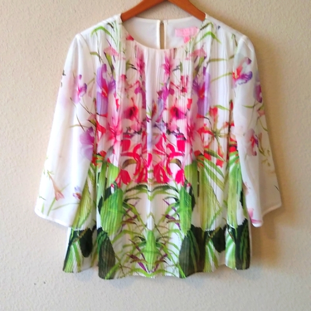 Floral Print White Blouse with Pink & Green Accents